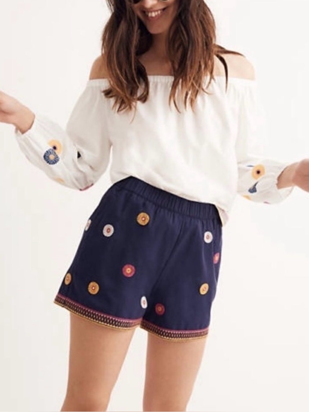 Madewell Navy Embroidered High-Waist Pull-On Shorts boho festival spring